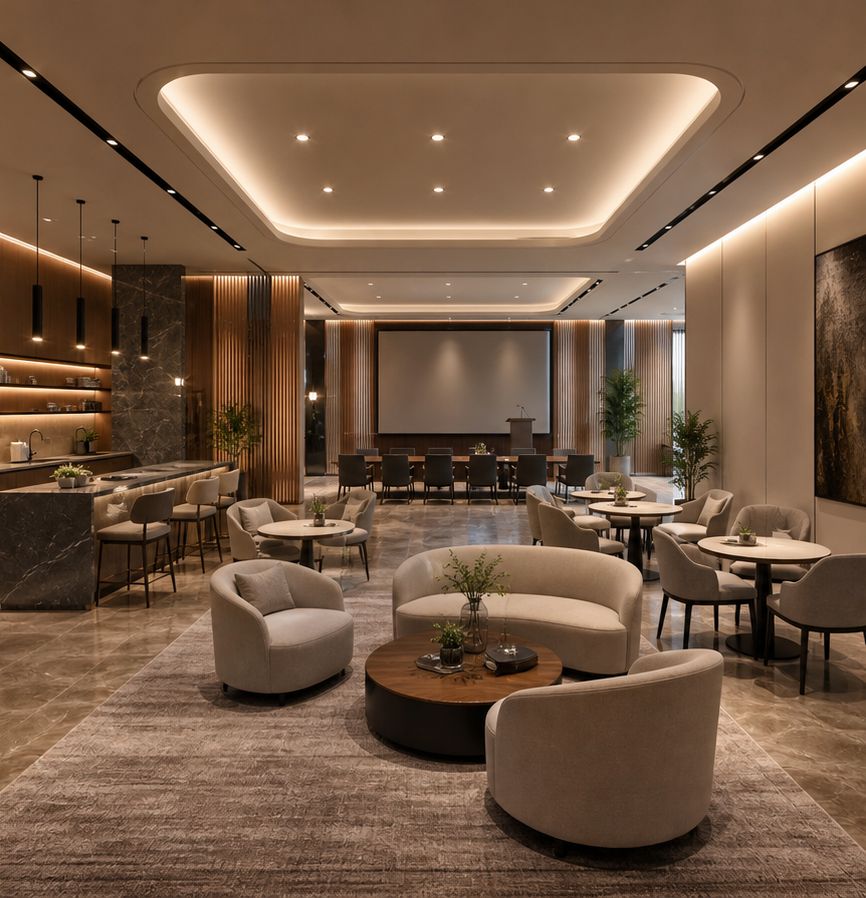 Hotel lobby in stone and timber